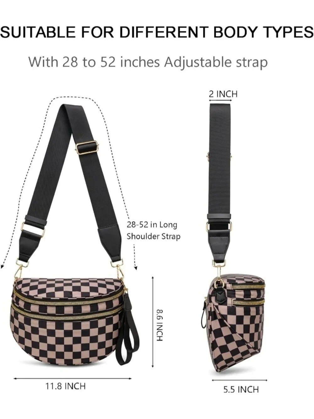 Women's Khaki Spacious Checkered Double-Zipper Compartment Fashion Crossbody Bag - Picture 3 of 6